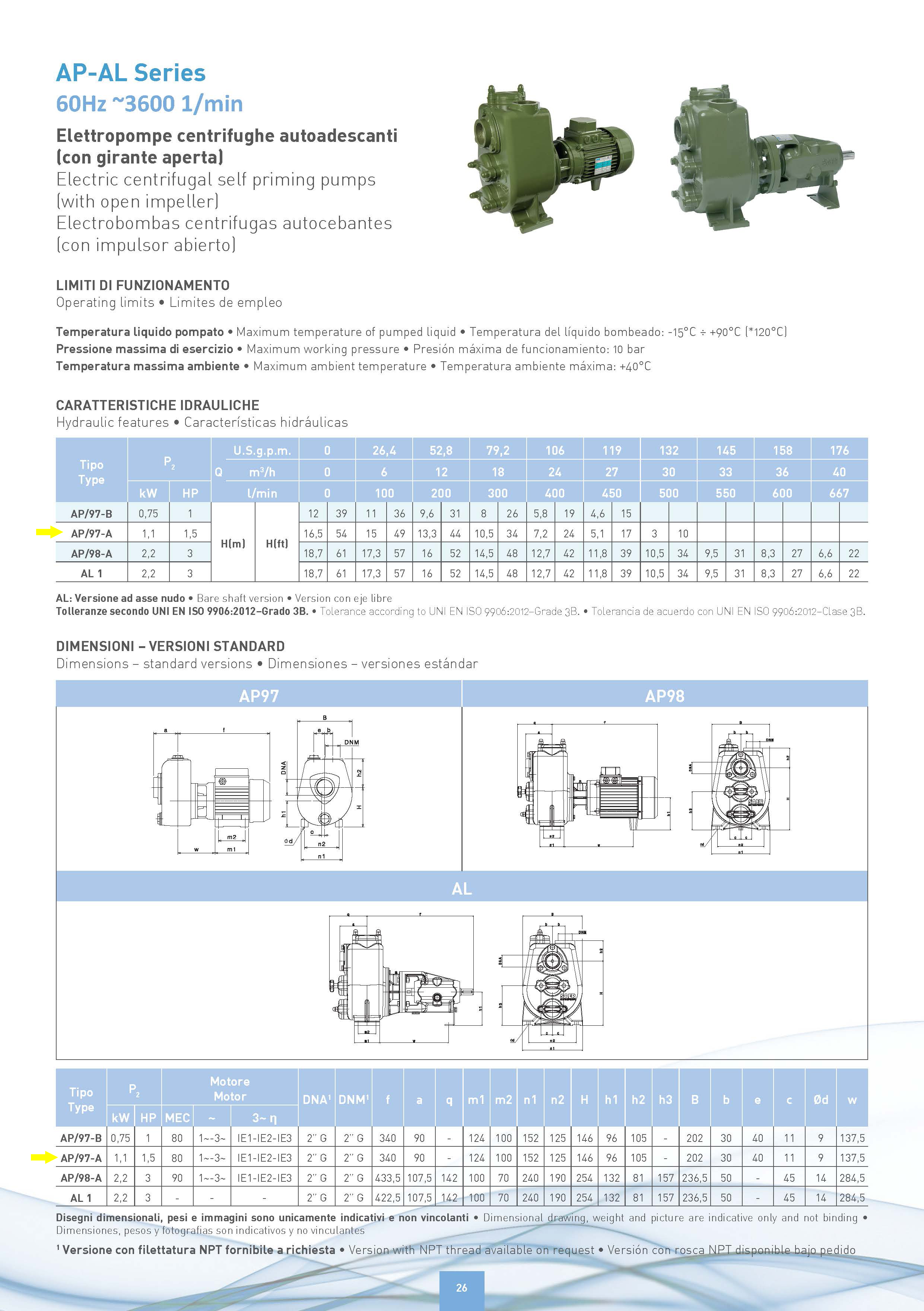 SAER-USA - AP/97-A Threaded Centrifugal Pump — 8,300 GPH, 1.5 HP, 2 In. Ports, 115/230 Volts